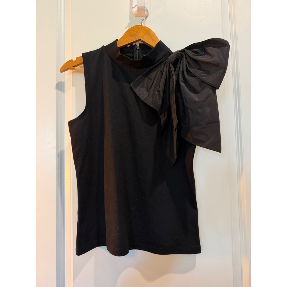 Ann Taylor Black Sleeveless Mock Neck Top with Oversized Shoulder Bow Small